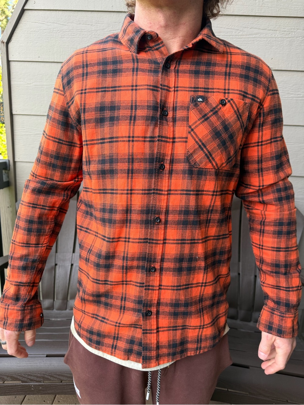 Quicksilver Orange & Black Plaid Flannel Button-Up Shirt Regular fit Medium
